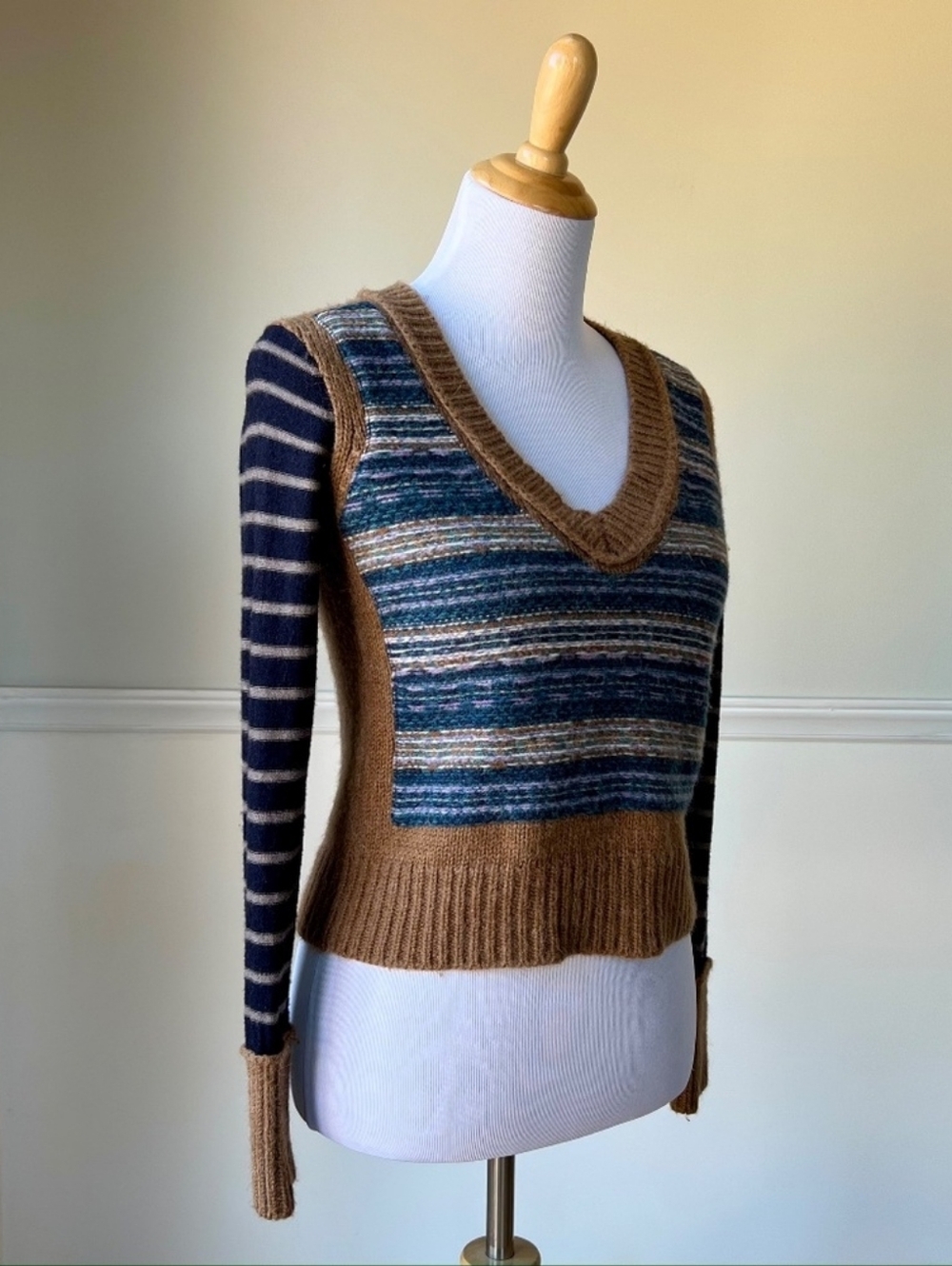 Tory Burch Alpaca Wool Blend V Neck Striped Fair Isle Sweater Small - Picture 8 of 13